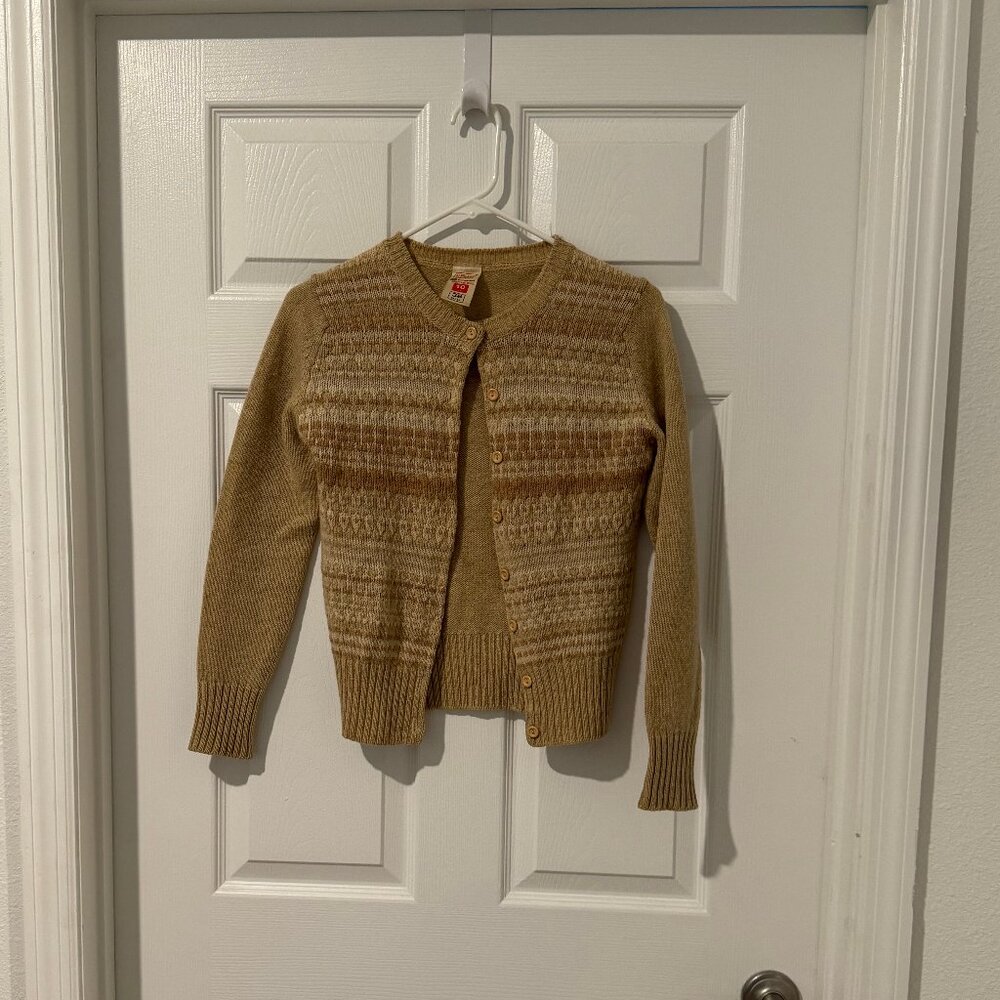St. Michael Vintage 70s Wool Tan Button Up Cardigan Sweater Sz GB 10 (for 32”)